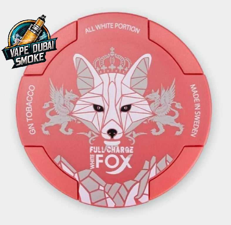 White Fox Full Charge nicotine pouches round can in coral pink