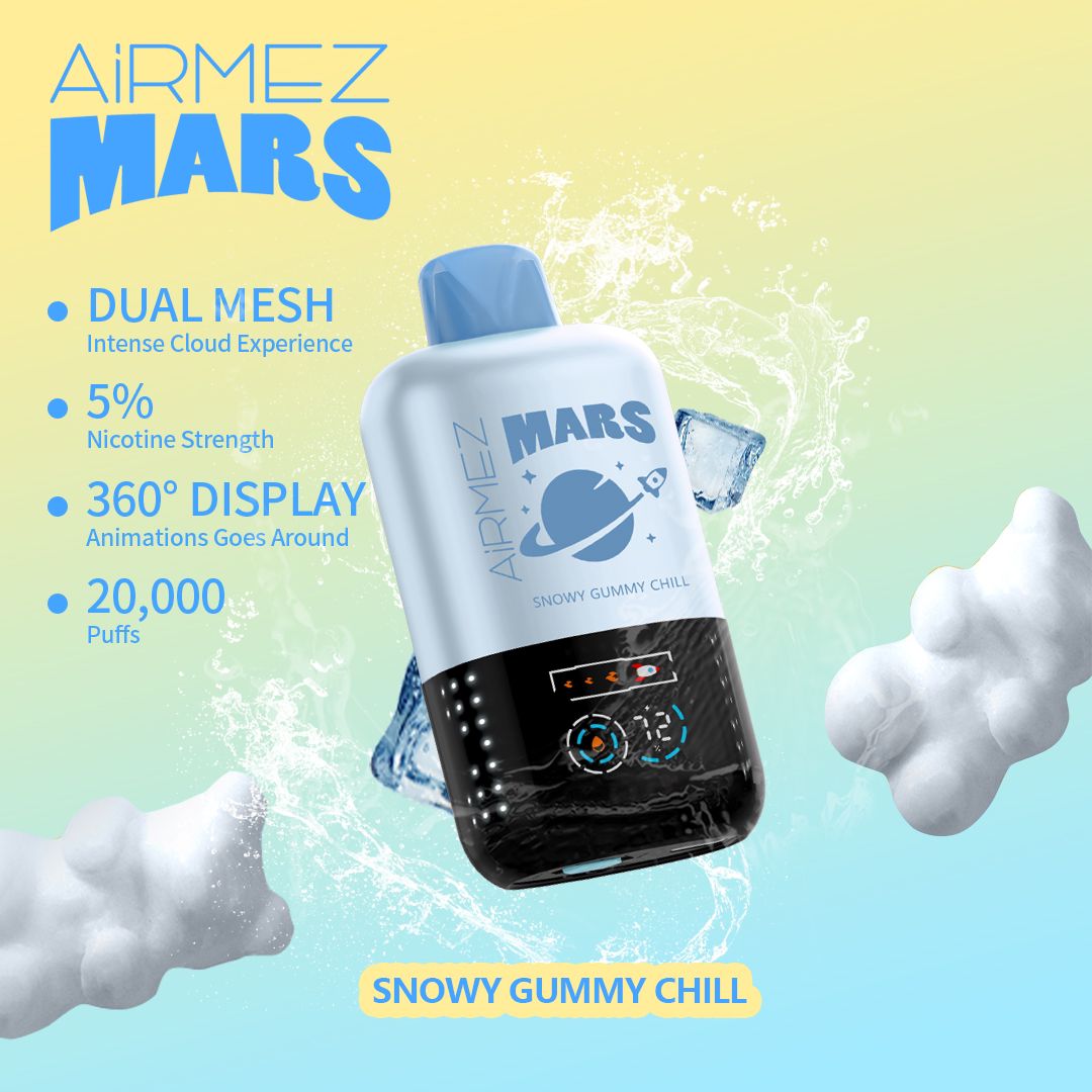 Airmez Mars Snowy Gummy Chill disposable vape with feature text and ice graphics