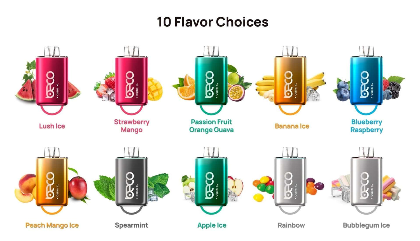 Beco disposable vapes showing 10 flavor options with fruit graphics