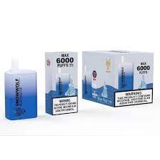 Blue Snowwolf Max 6000 puffs vape with retail box and warning label