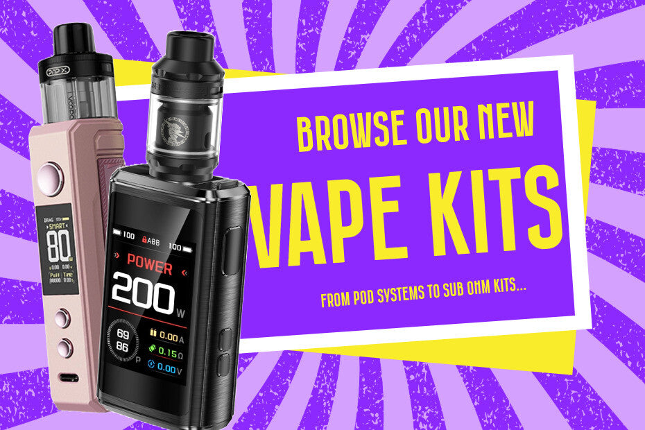 Browse our new vape kits banner with box mods and pod devices.