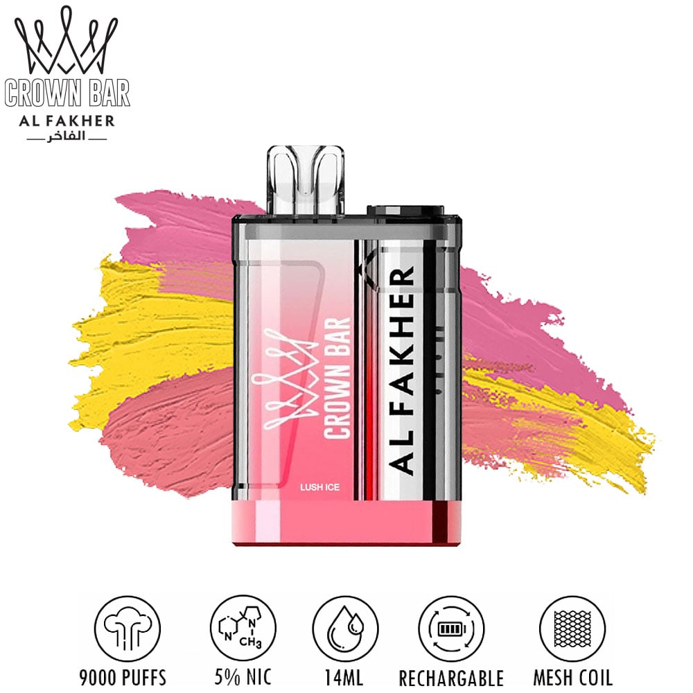 Crown Bar Al Fakher Lush Ice 9000 puffs disposable vape with specs icons