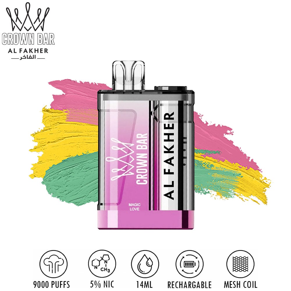 Crown Bar Al Fakher Magic Love 9000 puffs disposable vape with specs icons
