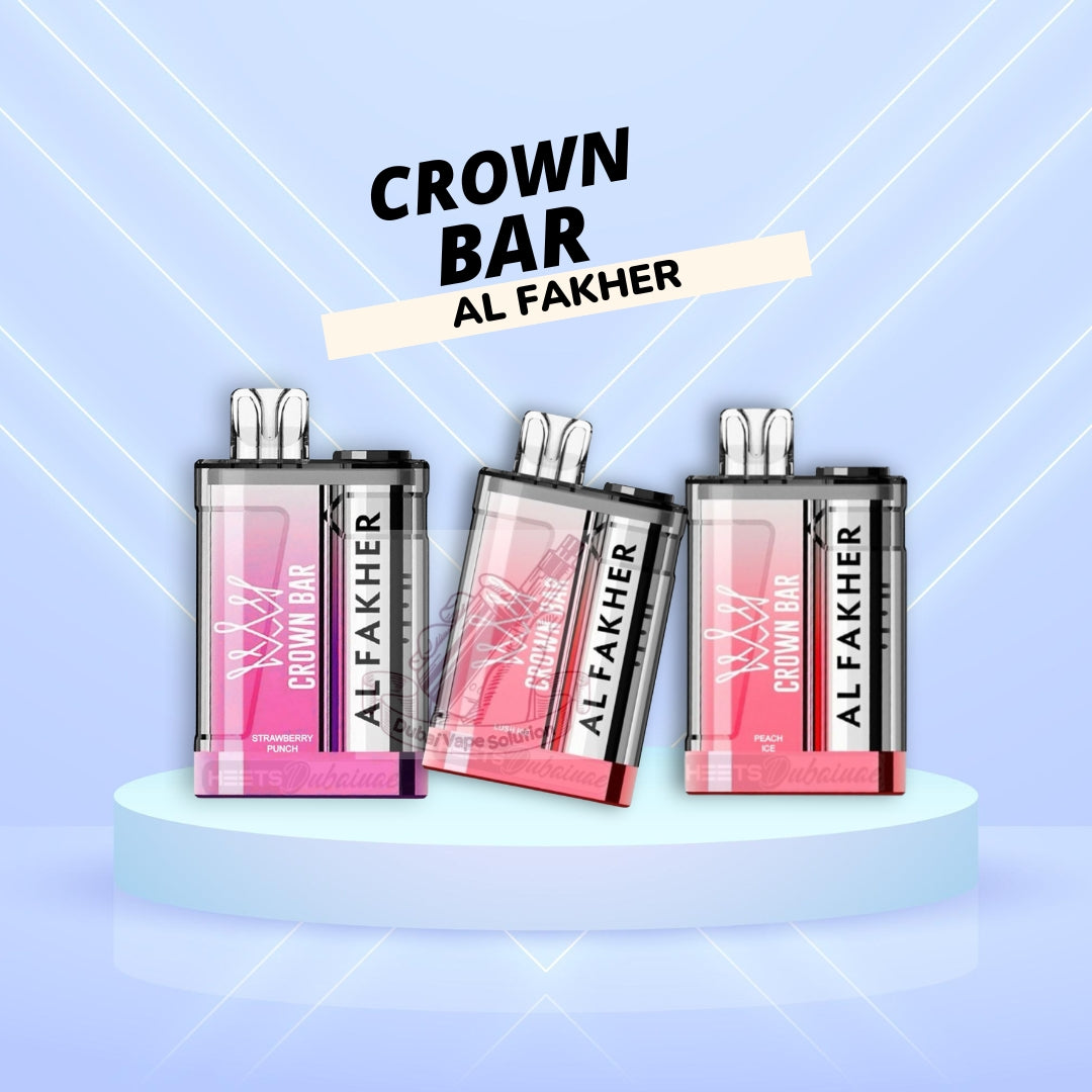 Crown Bar Al Fakher disposable vapes in assorted flavors on display stand