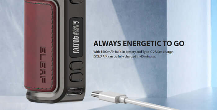 Eleaf iSolo Air 40W pod mod with USB‑C cable and battery info