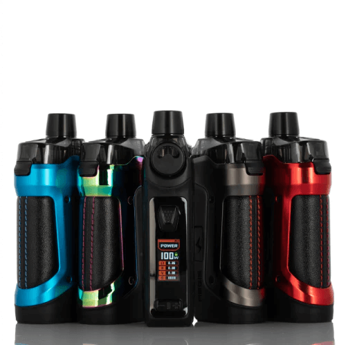 Five GEEKVAPE AEGIS BOOST PRO 100W  devices in blue, rainbow, black, gray, and red