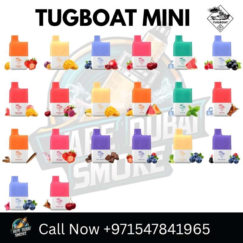 Full collection of Tugboat Mini disposable vapes displayed with matching fruit flavor illustrations