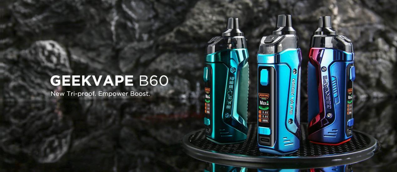 Geekvape Aegis Boost 2 (B60) 60W Vape Kit trio on stand with rugged design