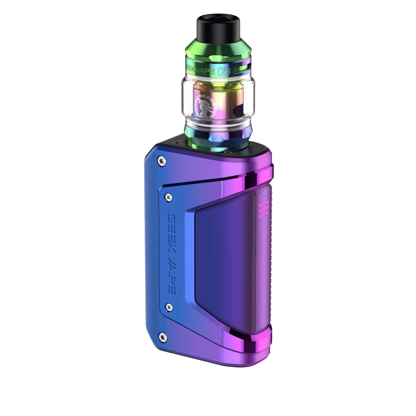 Geekvape box mod with Z tank, rainbow gradient finish, front view