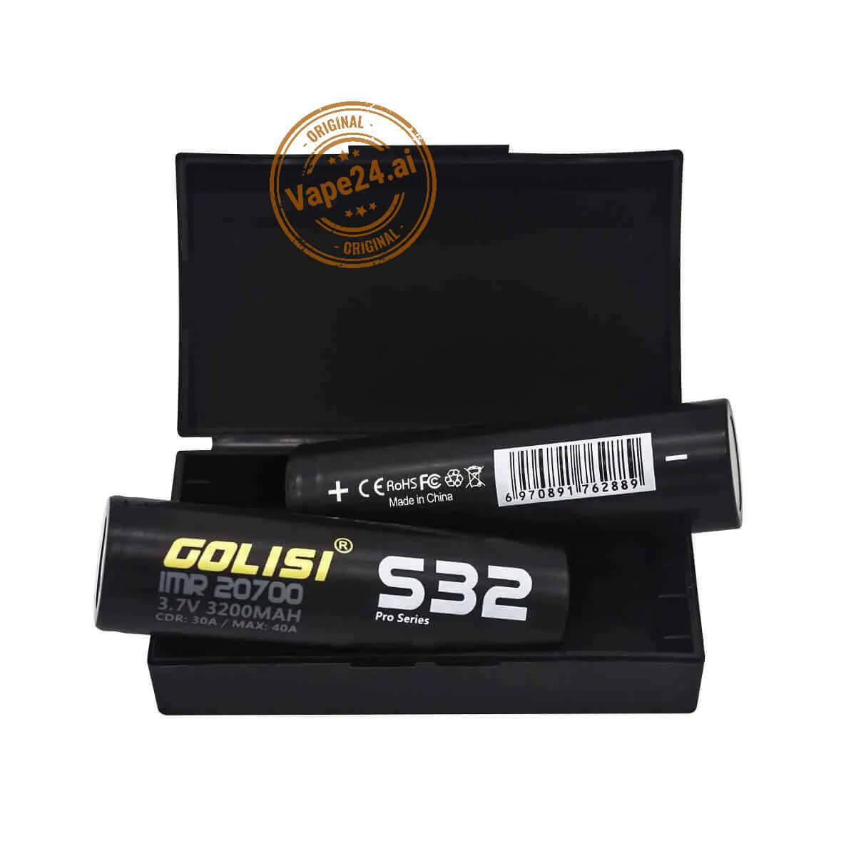 Golisi S32 IMR 20700 battery pair with barcode and safety markings.