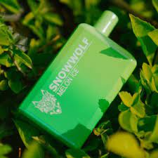 Green Snowwolf Max 6000 puffs vape placed among fresh green leaves.