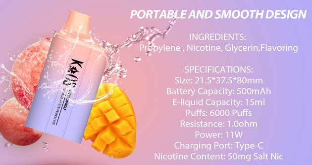Kaos by SnowWolf 6000 specifications showing 6000 puffs and Type‑C charging