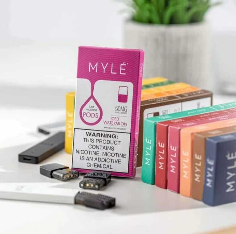 MYLÉ Iced Watermelon 50mg pods with devices and boxes lineup