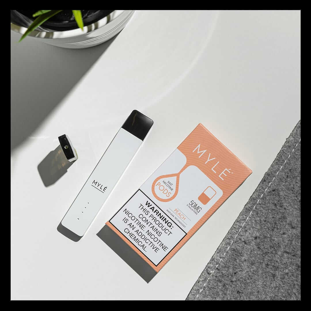 MYLÉ Peach 50mg salt nicotine pods with device and pod