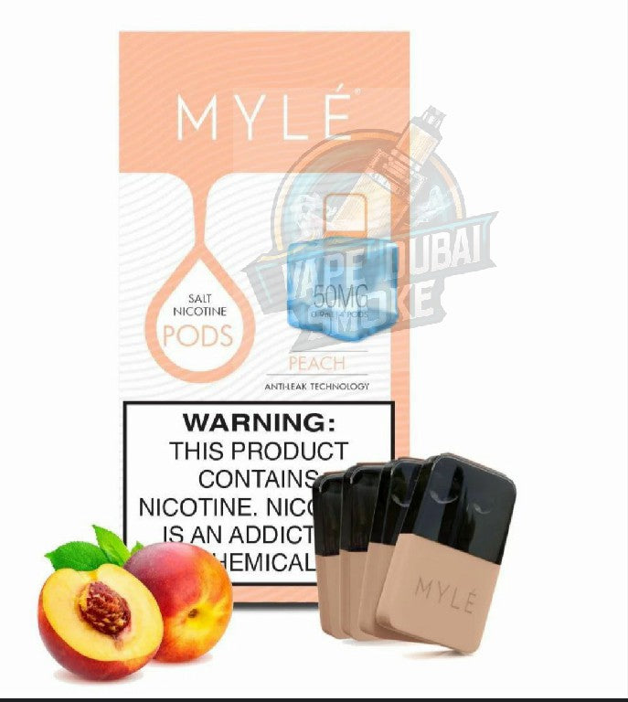 MYLÉ Peach salt nicotine pods pack with pods and peaches, warning label