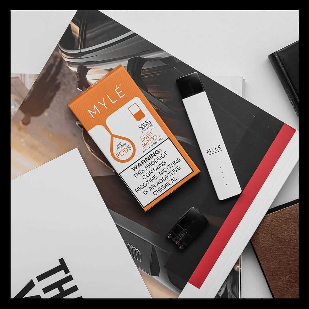 MYLÉ Sweet Mango 50mg pods with white device and pod