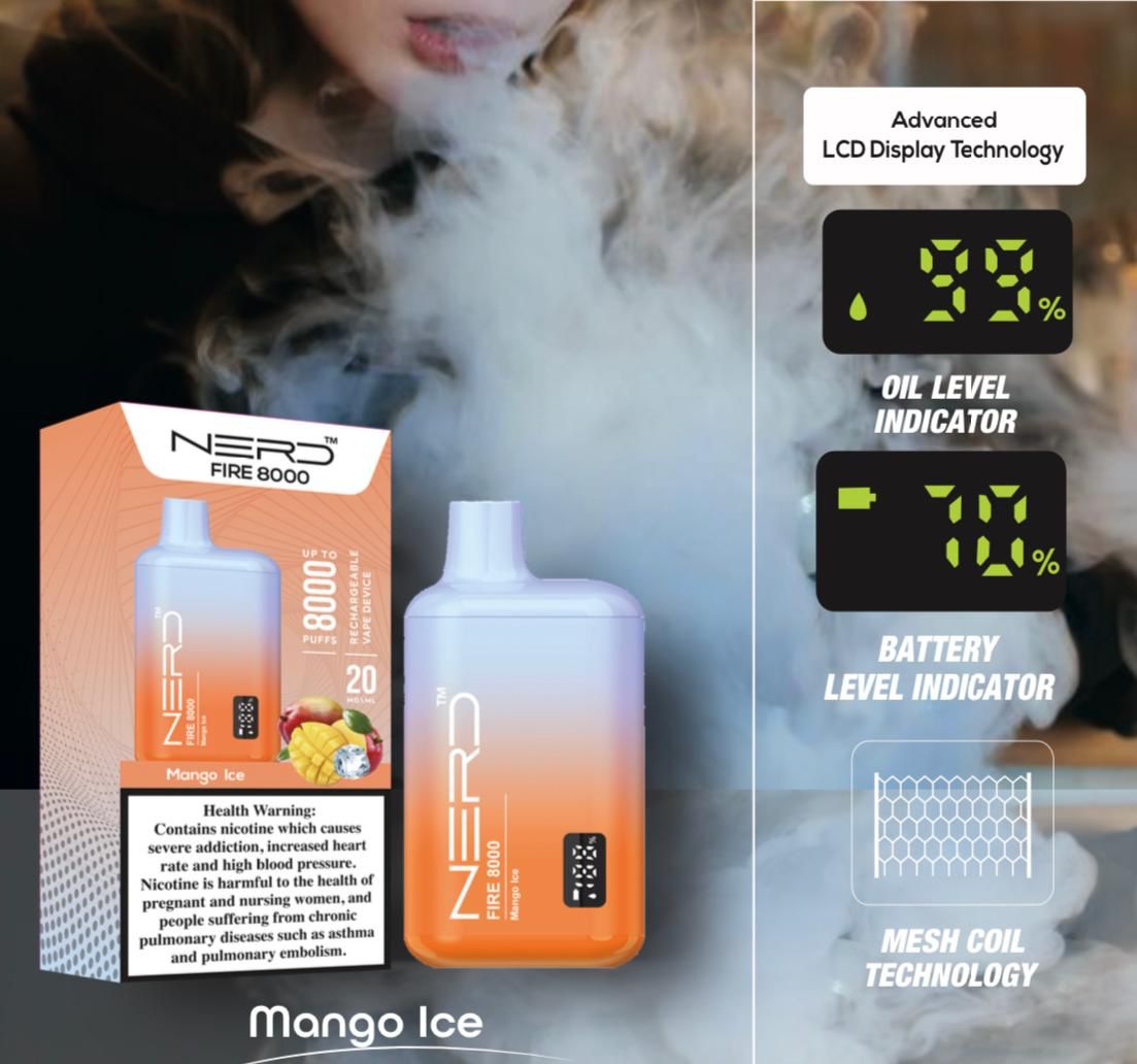 Nerd Fire 8000 Mango ice disposable vape with packaging and health warning label.