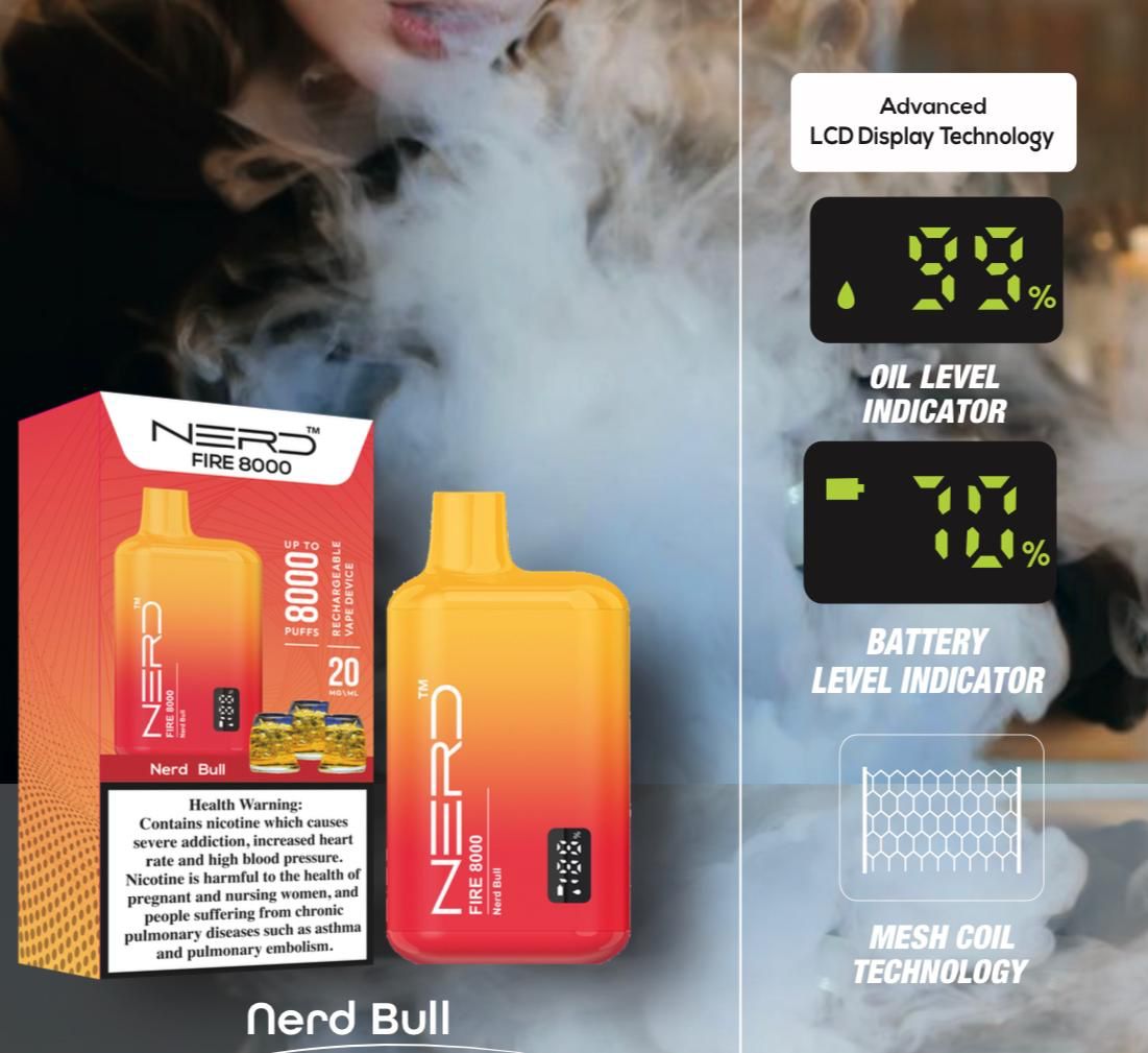 Nerd Fire 8000 Nerd Bull disposable vape with packaging and health warning label.