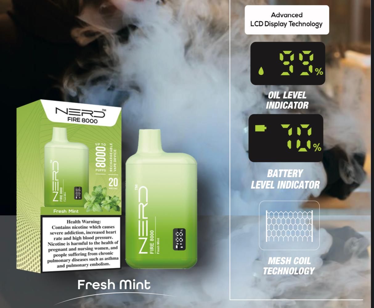 Nerd Fire 8000 fresh mint disposable vape with packaging and health warning label.