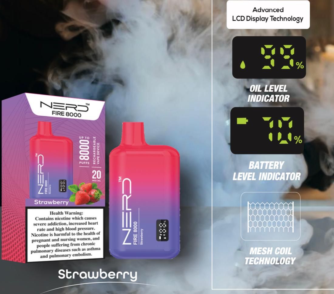 Nerd Fire 8000 strawberry disposable vape with packaging and health warning label.