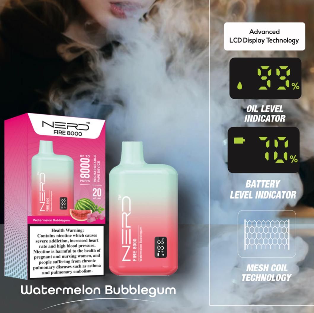 Nerd Fire 8000 watermelon bubblegum disposable vape with packaging and health warning label.