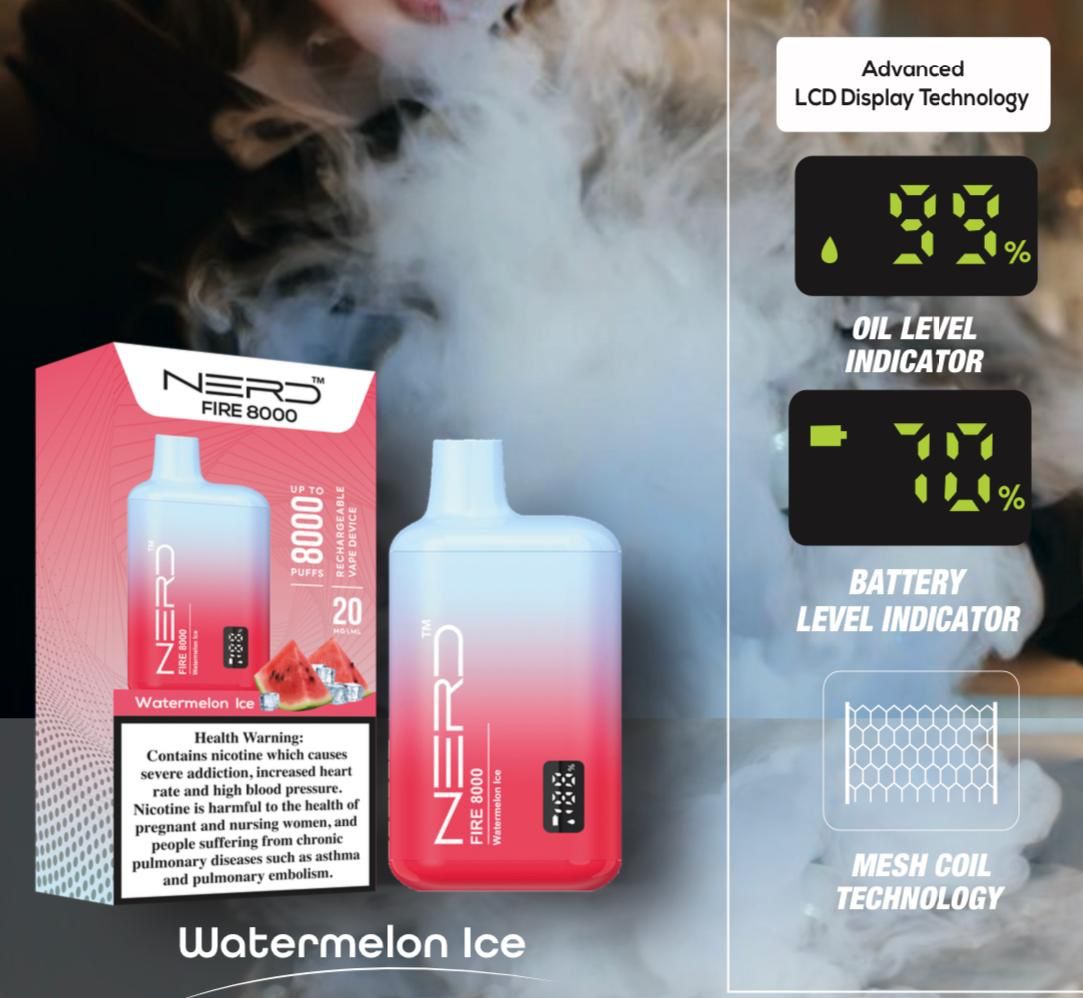 Nerd Fire 8000 watermelon ice disposable vape with packaging and health warning label.