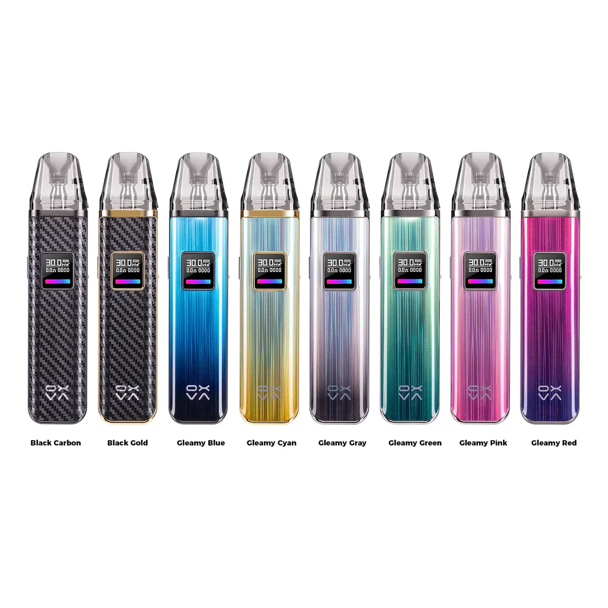 OXVA pod vapes in carbon and gleamy color options