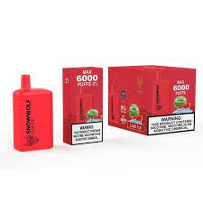  Red Snowwolf Max 6000 puffs vape with matching retail box and warning label