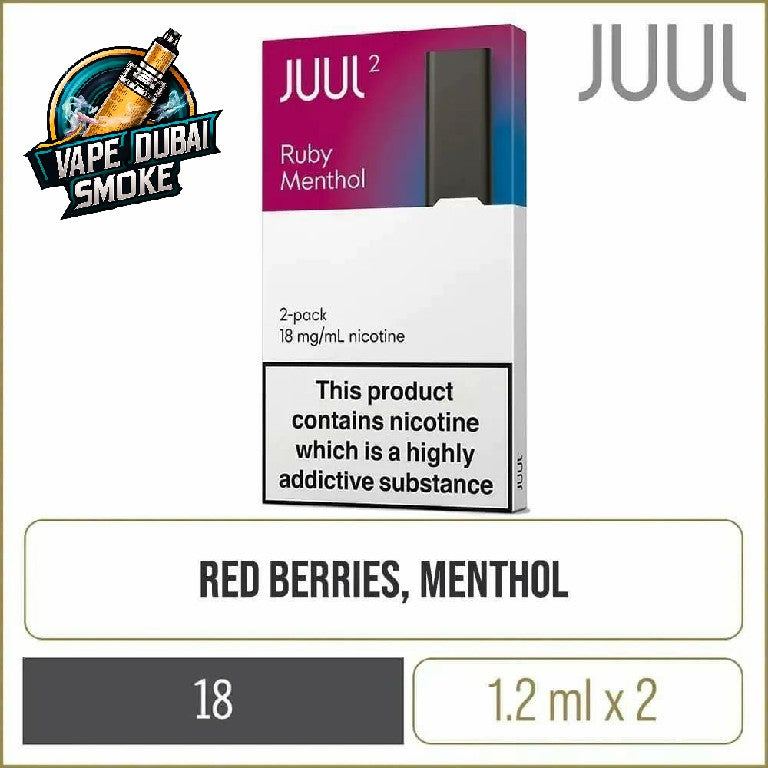 Juul 2 Pods packaging showing available flavors, with text "Now in Dubai".