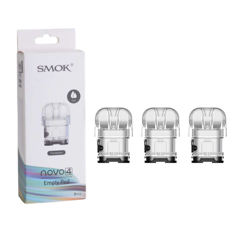 SMOK Novo 4 empty pod retail box with three clear replacement pods displayed