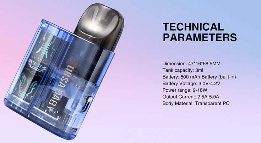 Transparent blue pod vape with technical specifications listed