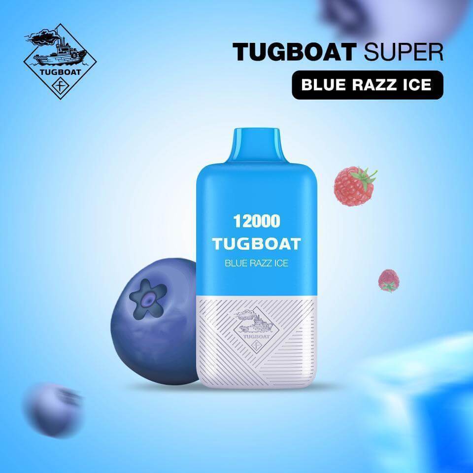Tugboat Super Blue Razz Ice disposable vape with berries
