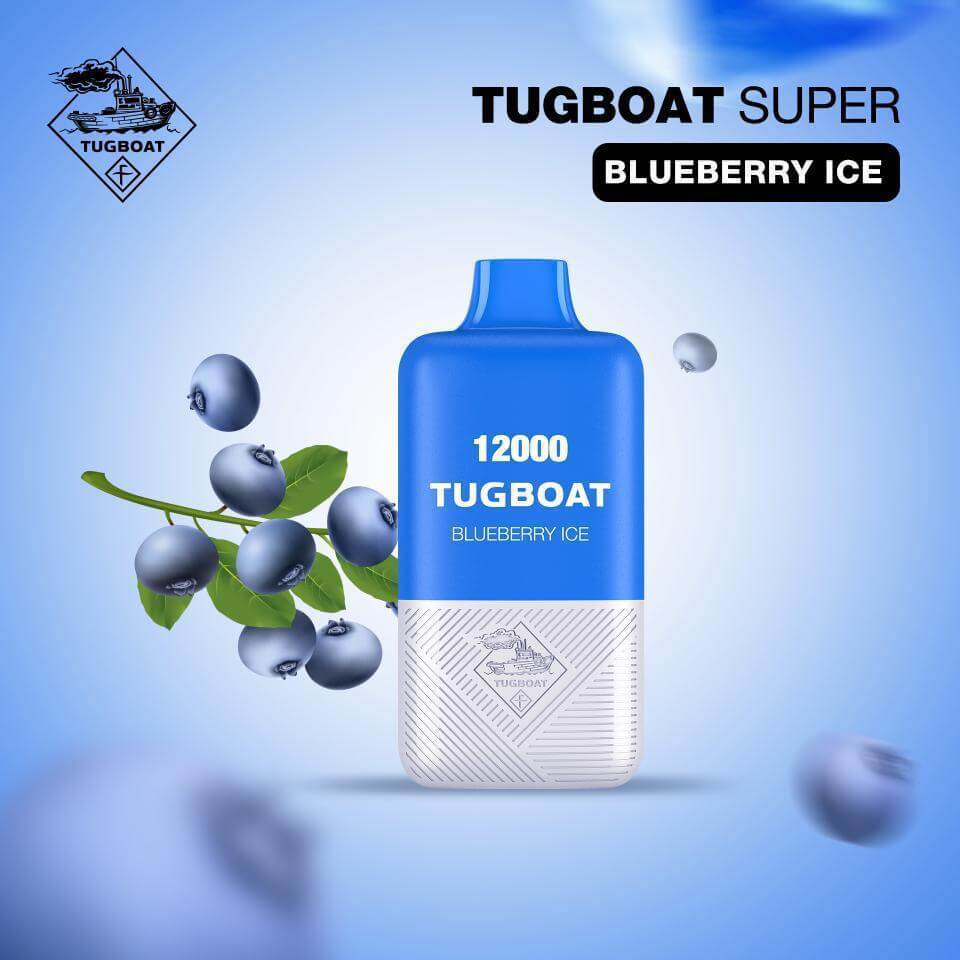 Tugboat Super Blueberry Ice disposable vape with blueberries
