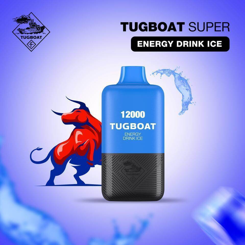 Tugboat Super Energy Drink Ice disposable vape with bull graphic