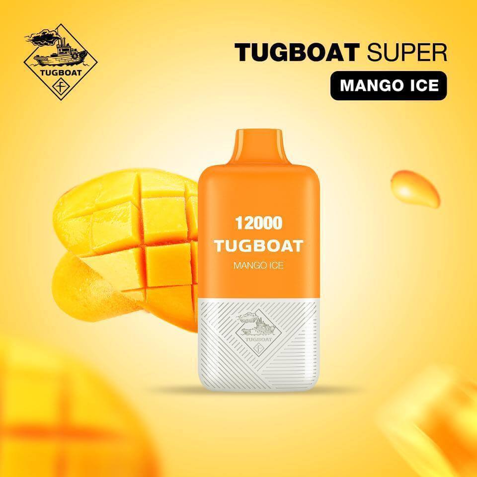 Tugboat Super Mango Ice disposable vape with sliced mango

