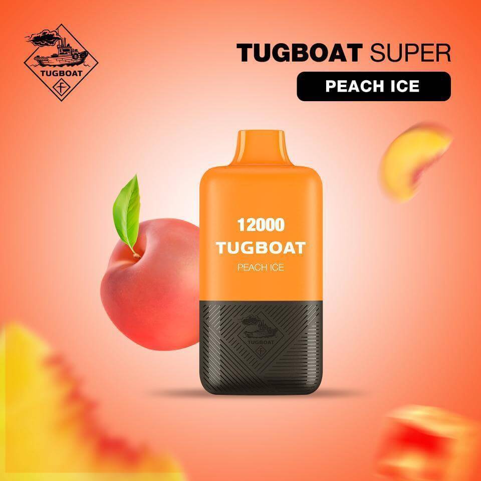 Tugboat Super Peach Ice disposable vape with peach on orange background