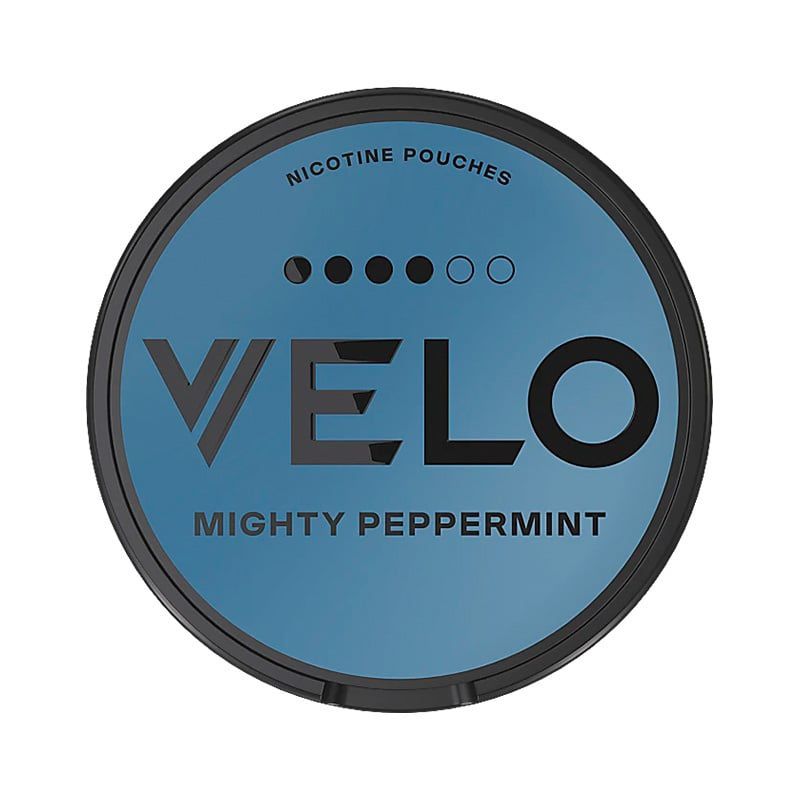 VELO Mighty Peppermint nicotine pouches round blue can