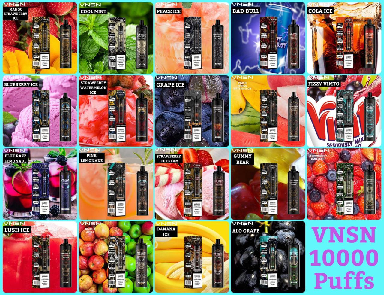 VNSN 10000 puffs disposable vapes in assorted fruit flavors grid