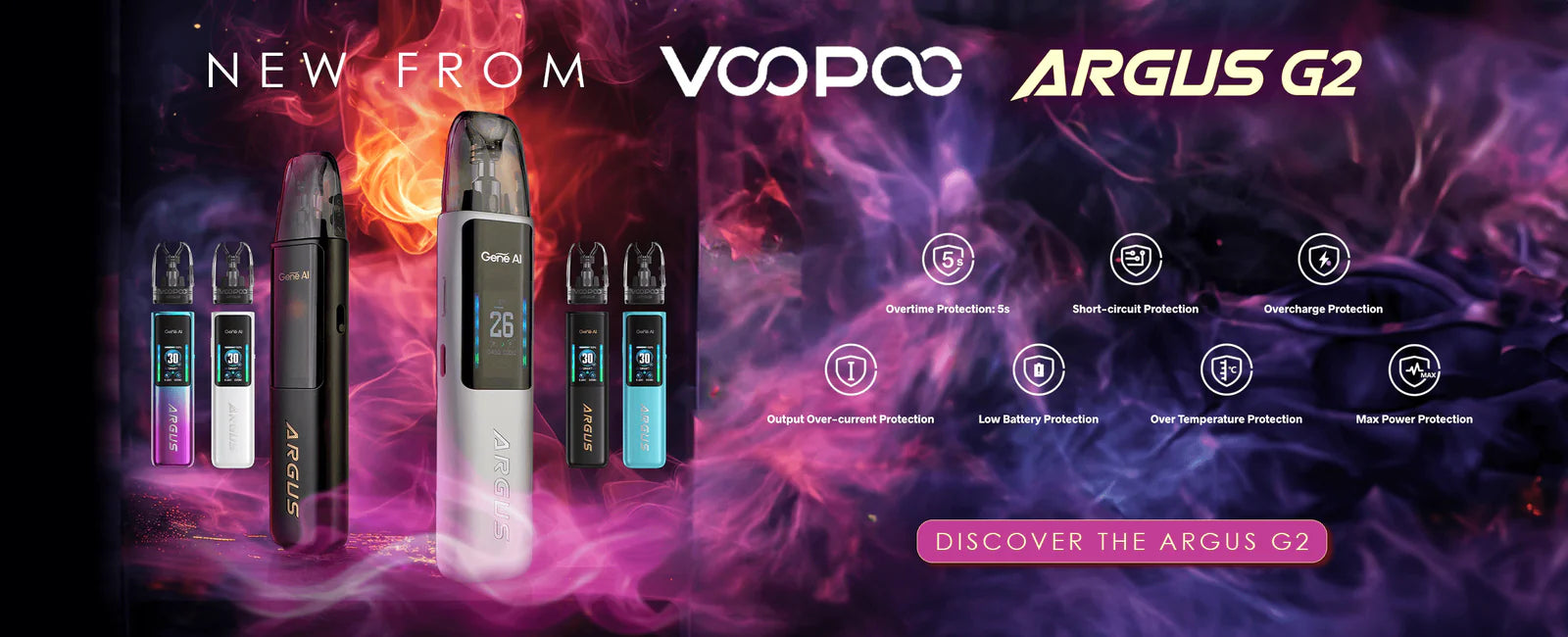 VOOPOO Argus G2 vape device with safety features and colorful smoke background.