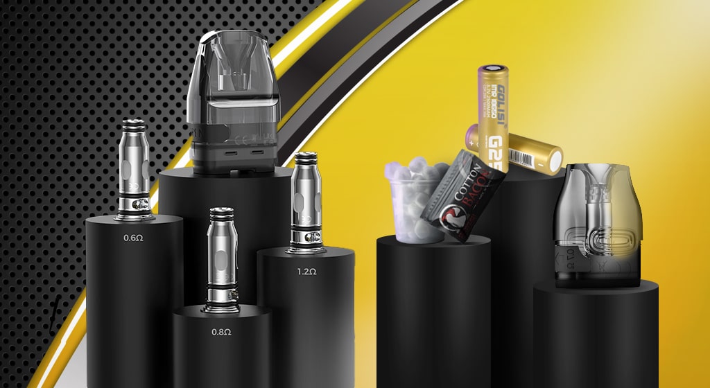 Vape coils and pods displayed on black stands with yellow background