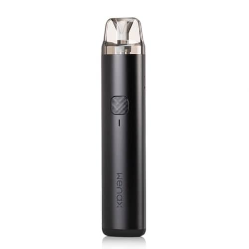 Wenax H1 teal blue pod vape device front view. Wenax H1 black pod kit device with clear pod installed